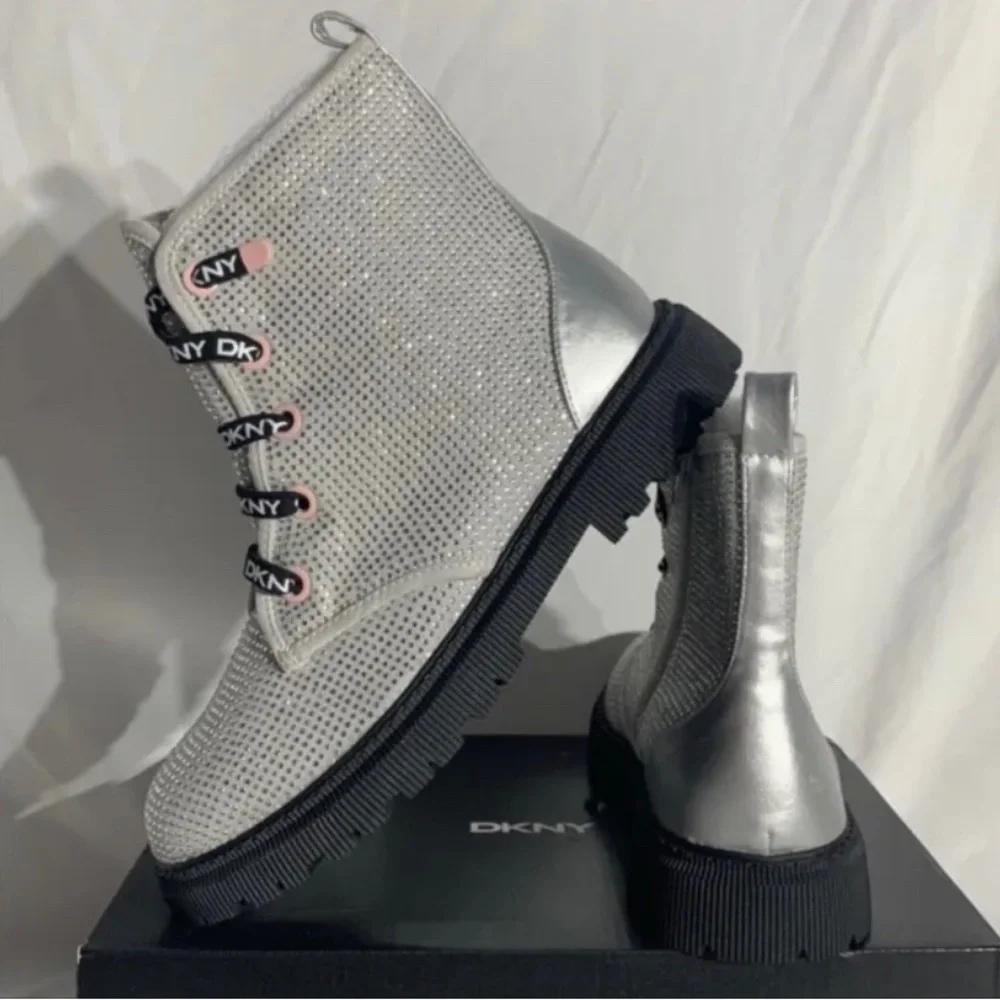 Dkny Shoes Toddler Girl Silver Black Rhinestone Combat Boots SZ 12 NEW